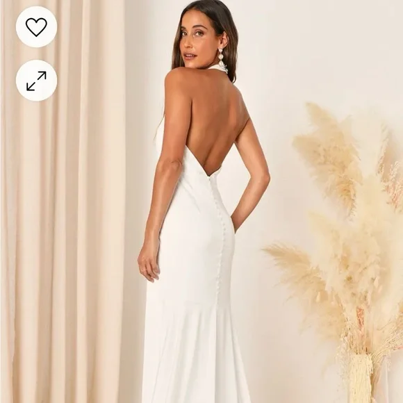 fitted lace wedding dress White Satin Halter Mermaid Long Party Dress with Leg Slit, White Satin –  Cutedressy main image 1